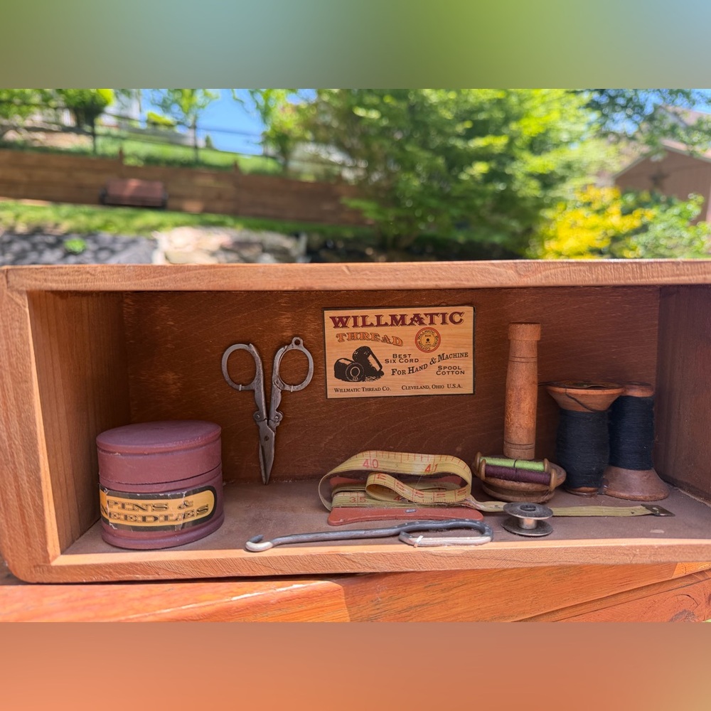 Vintage Style Wood Sitting Sewing Supply Seamstress Shadow Drawer Box
